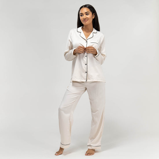 Women s Cream Satin Pyjamas Long Sleeve Trouser Set Size XS XL Black Piping Big Bertha Original UK