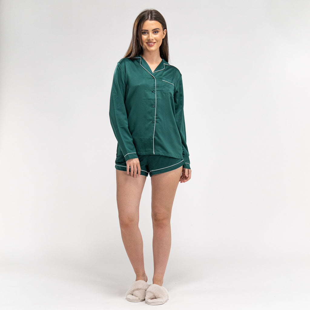 Women s Emerald Green Satin Pyjamas Short Sleeve Shorts Set Size XS XL White Piping Big Bertha Original UK