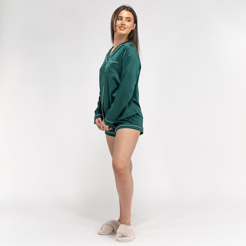 Women's Emerald Green Satin Short Pyjamas 04