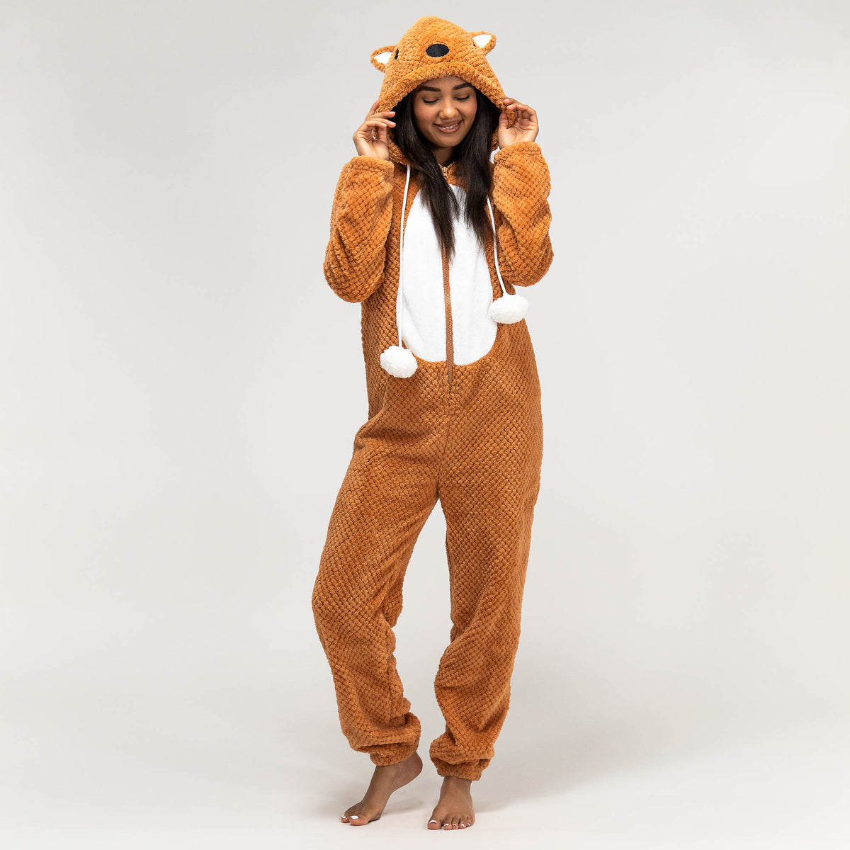 Women s Fox Character Hooded Fleece Onesie Size S XL Orange
