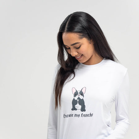 Women s Frenchie Slogan Jersey Pyjamas Long Sleeve Trouser Set