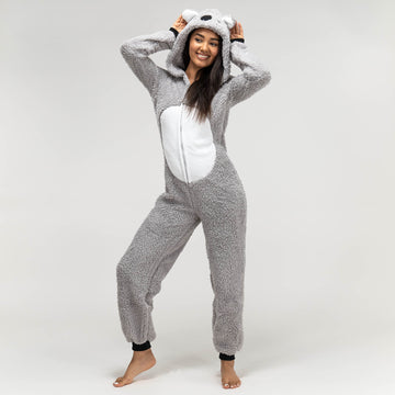 Women s Koala Bear Hooded Animal Fleece Onesie Size S XL Grey