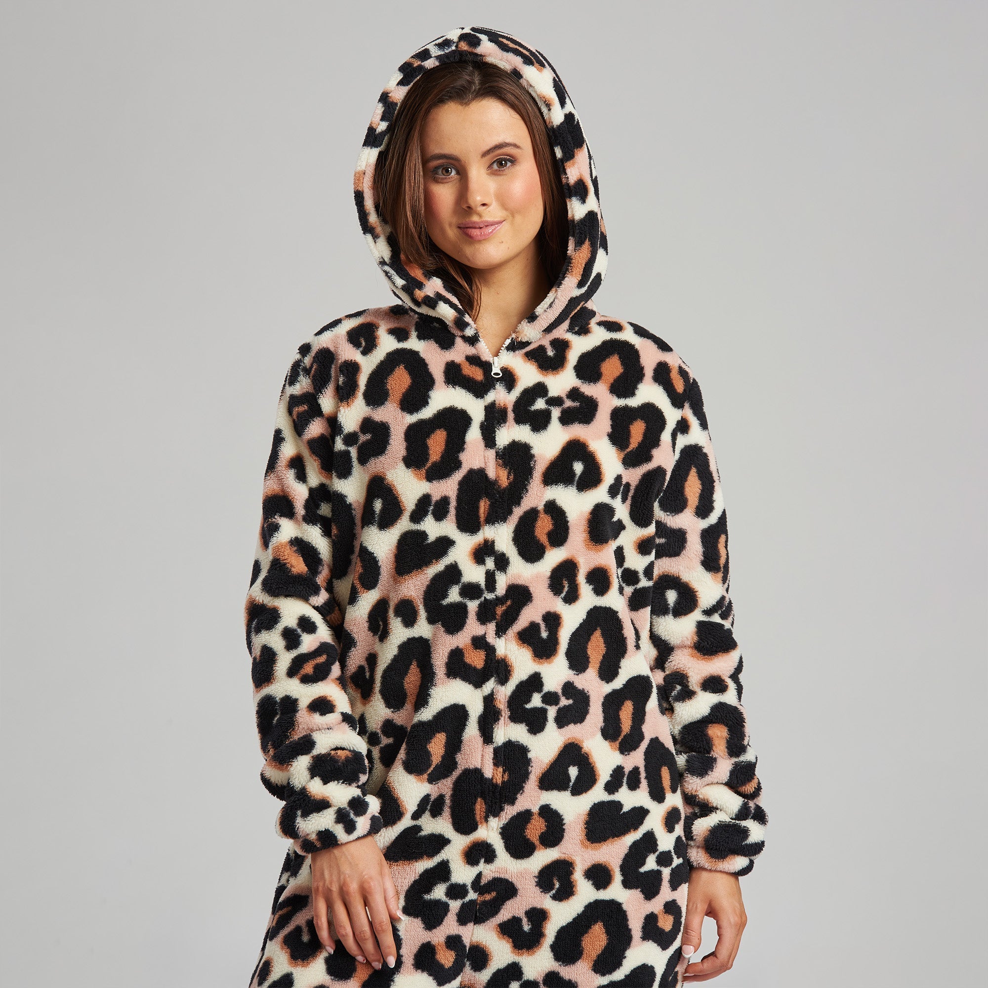 Women s Leopard Print Hooded Fleece Onesie Size S XL Brown Big Bertha Original UK