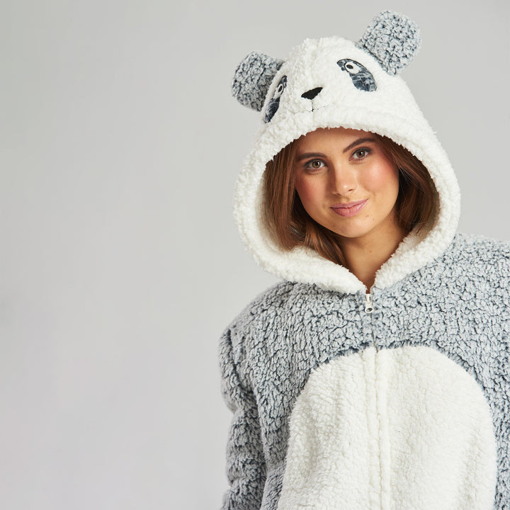 Women s Panda Animal Hooded Fleece Onesie Size S XL Grey Big Bertha Original UK