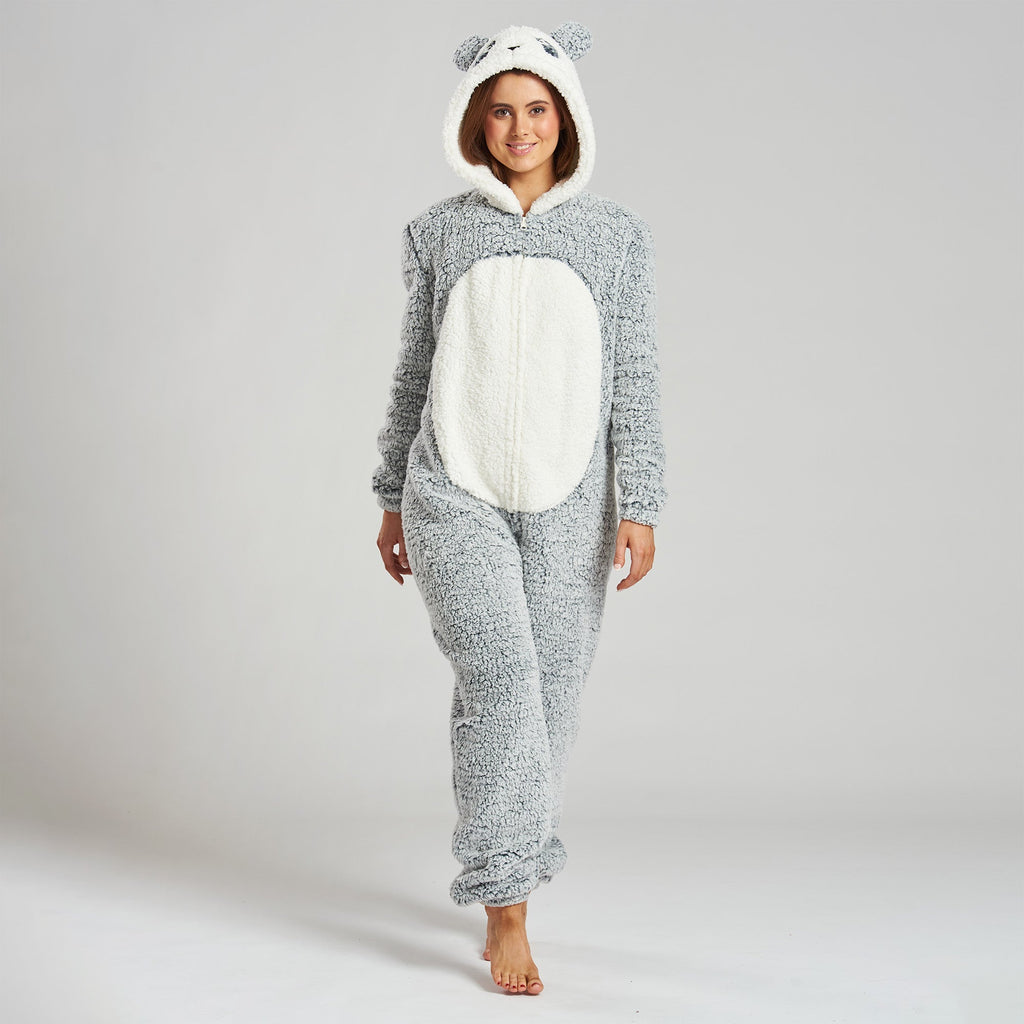 Women's Grey Panda Fleece Onesie 04