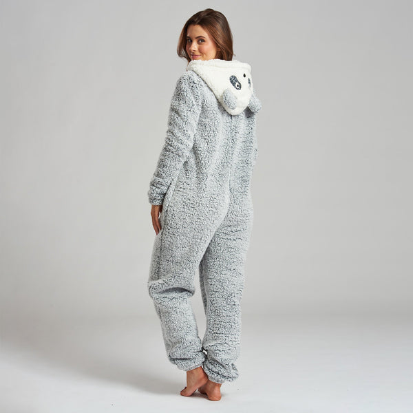 Women's Grey Panda Fleece Onesie Fabric Close-up Image