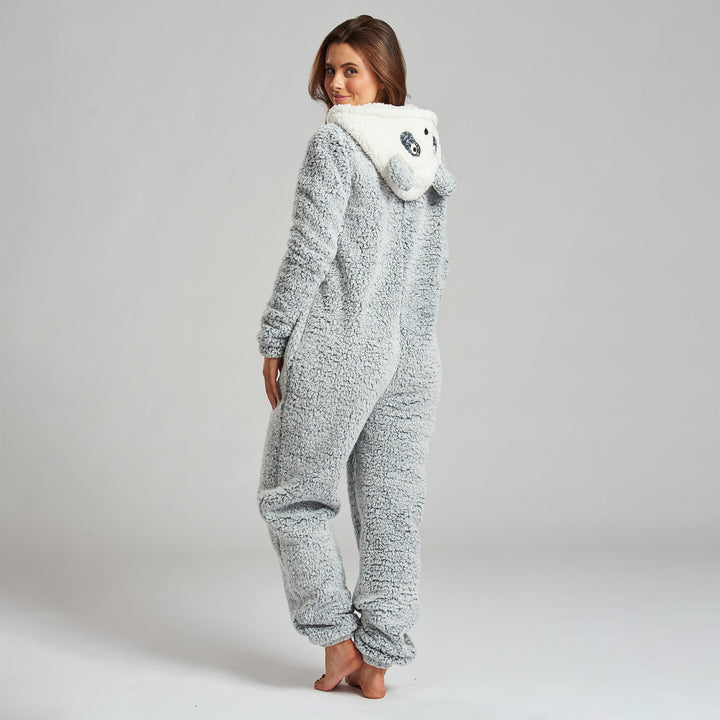 Women s Panda Animal Hooded Fleece Onesie Size S XL Grey Big Bertha Original UK