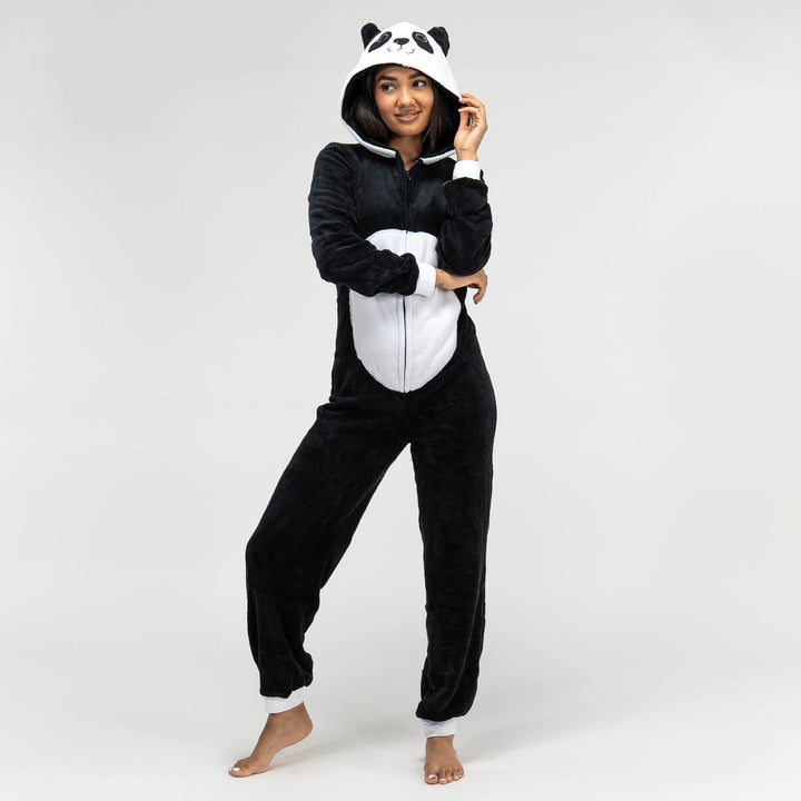 Women s Panda Hooded Animal Fleece Onesie Size S XL Black White Big Bertha Original UK