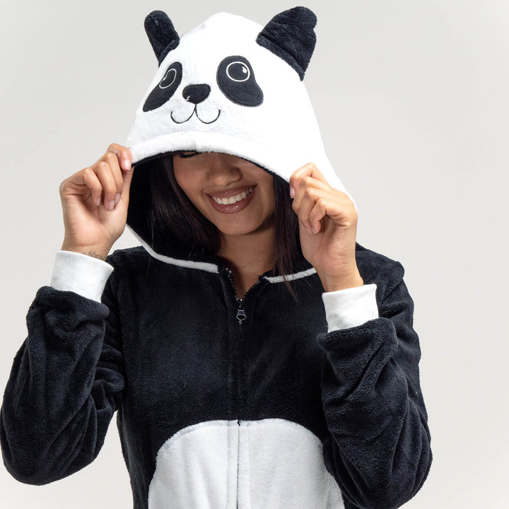 Women s Panda Hooded Animal Fleece Onesie Size S XL Black White Big Bertha Original UK
