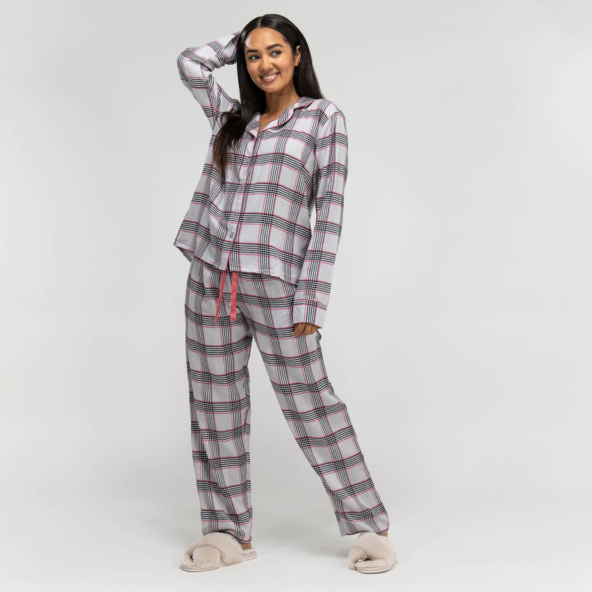 Women s Pink Check Cotton Pyjamas Long Sleeve Trouser Set Size