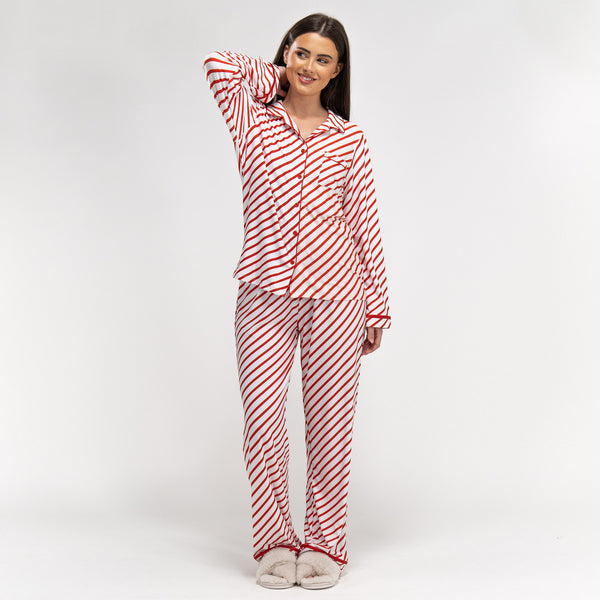 Women's Red Candy Cane Stripe Christmas Pyjamas 01