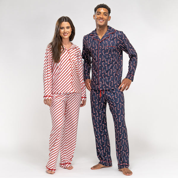 Women's Red Candy Cane Stripe Christmas Pyjamas Fabric Close-up Image