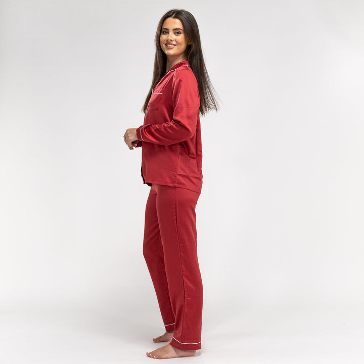Women s Red Satin Pyjamas Long Sleeve Trouser Set Size XS XL White Piping Big Bertha Original UK