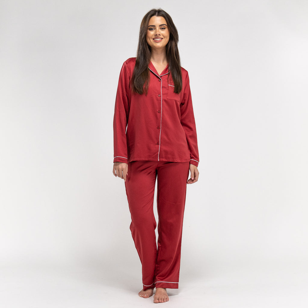Women's Red Satin Trouser Pyjamas 03