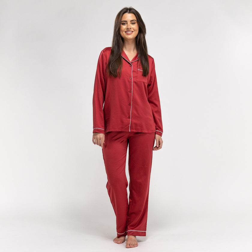 Women s Red Satin Pyjamas Long Sleeve Trouser Set Size XS XL