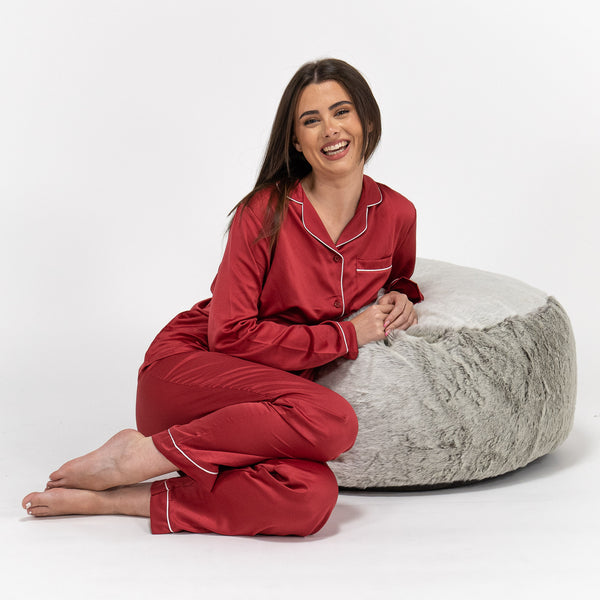 Women's Red Satin Trouser Pyjamas Fabric Close-up Image