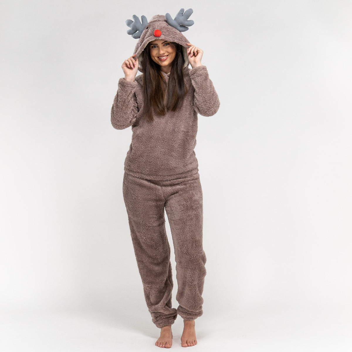 Women s Reindeer Hooded Animal Fleece Twosie Size S XL Brown Cream Big Bertha Original UK