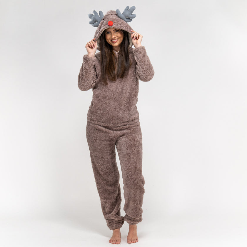 Women s Reindeer Hooded Animal Fleece Twosie Size S XL Brown