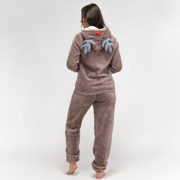 Women's Reindeer Animal Fleece Twosie Pyjama Set Fabric Close-up Image