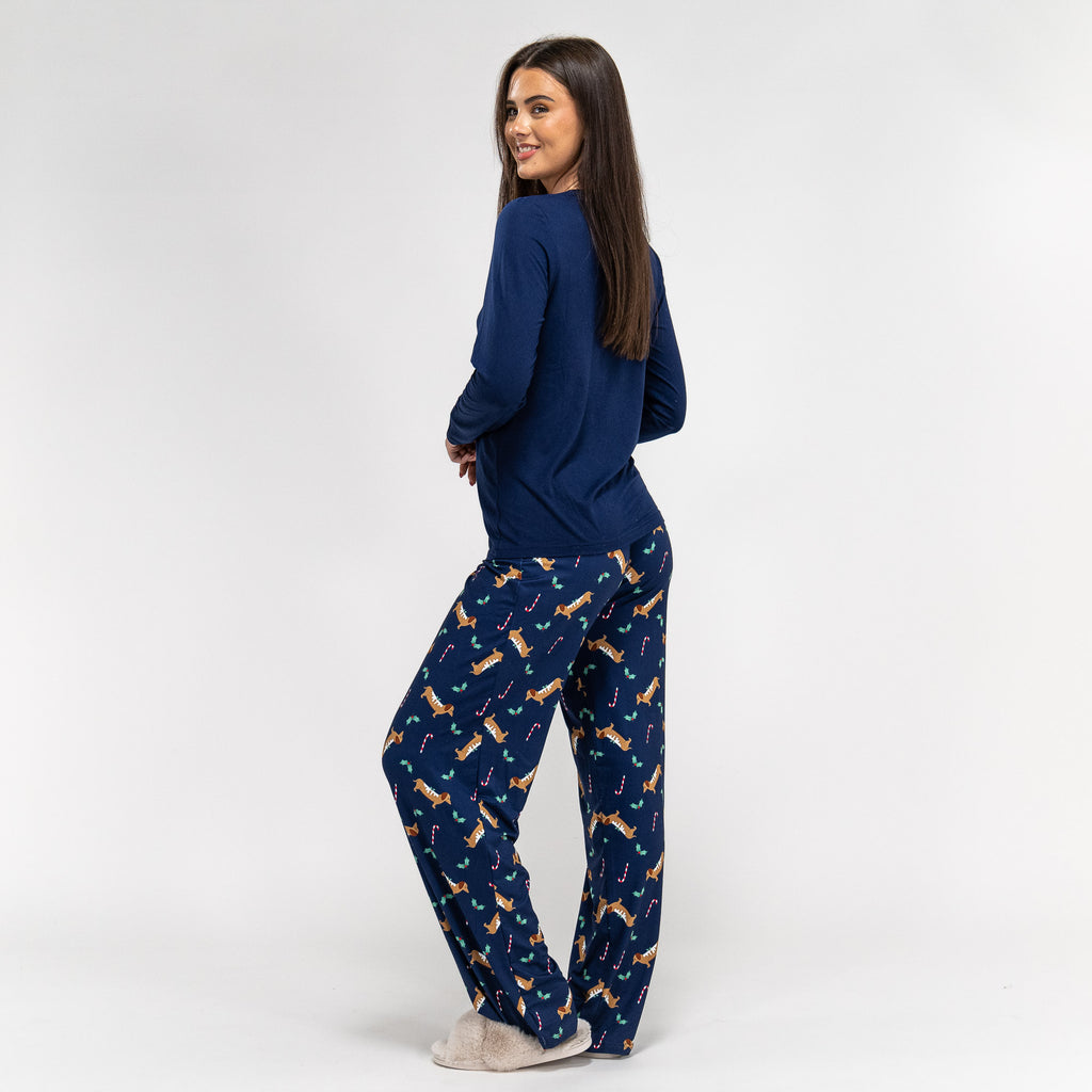 Women s Sausage Dog Slogan Christmas Jersey Pyjamas Long Sleeve