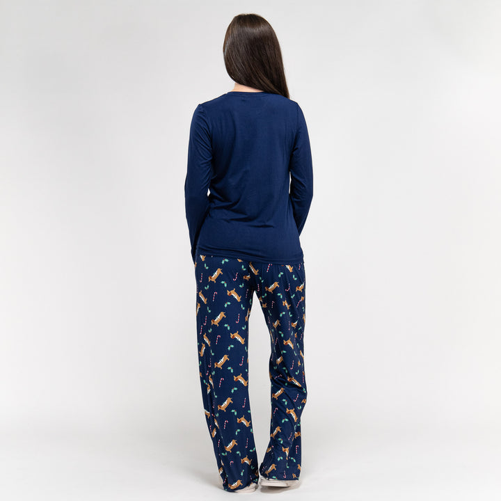 Women s Sausage Dog Slogan Christmas Jersey Pyjamas Long Sleeve Trouser Set Size S L Navy Blue Big Bertha Original UK