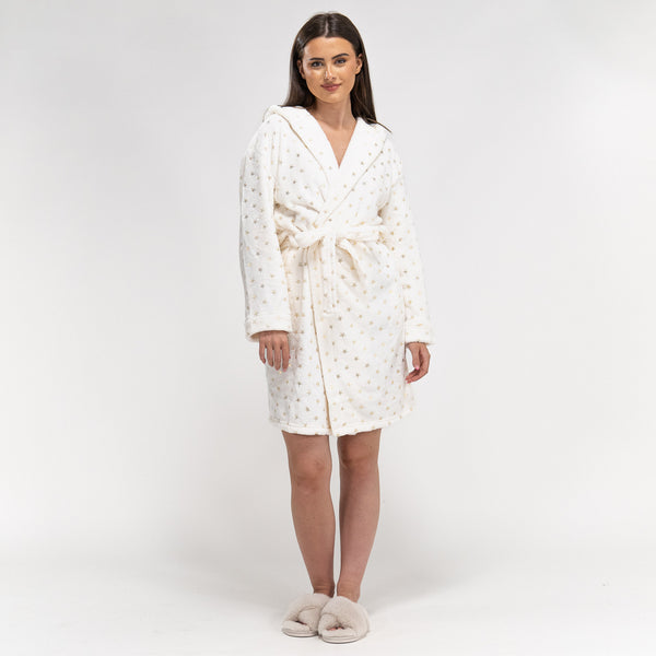 Women's Cream and Gold Star Print Fleece Robe 01