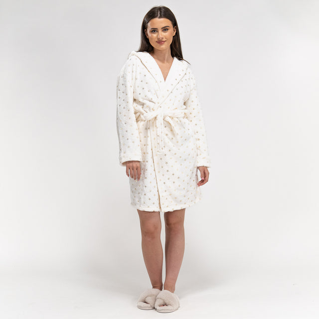 Women's Cream and Gold Star Print Fleece Robe 01