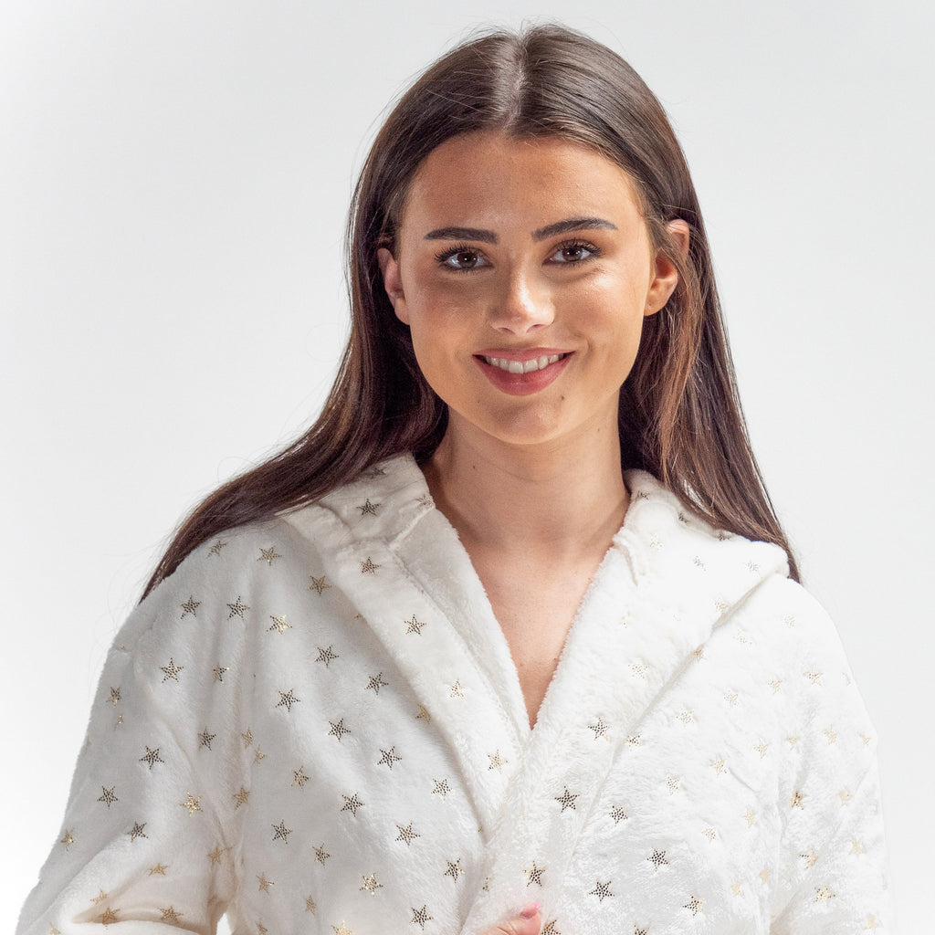 Women's Cream and Gold Star Print Fleece Robe 02