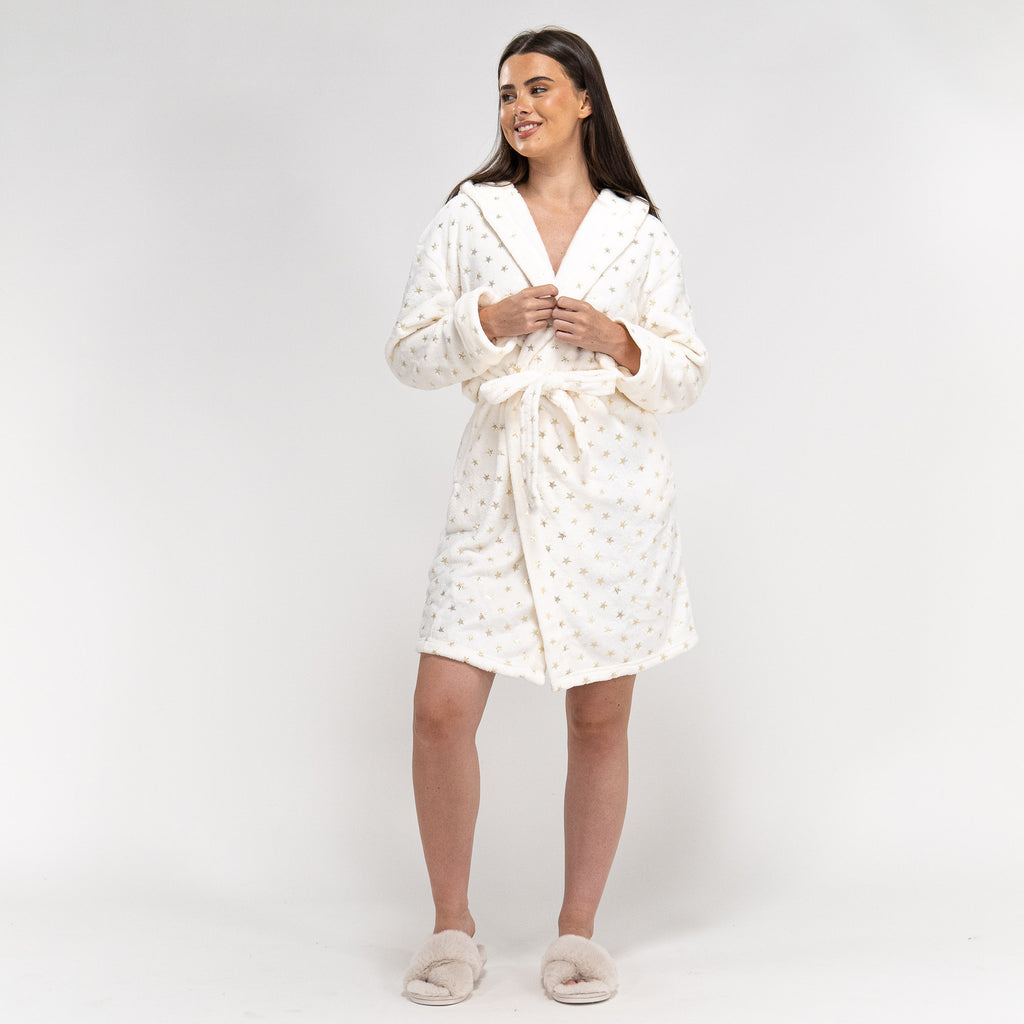 Women's Cream and Gold Star Print Fleece Robe 04