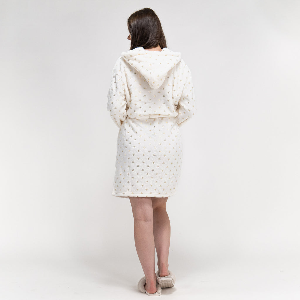 Women's Cream and Gold Star Print Fleece Robe 06