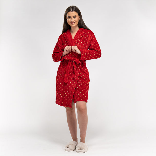 Women's Red and Gold Star Print Fleece Robe 01
