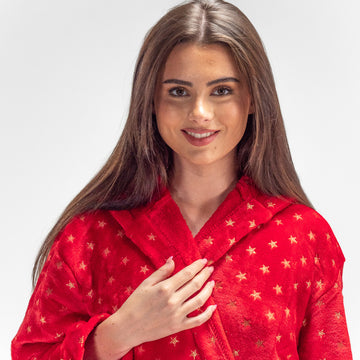 Women's Red and Gold Star Print Fleece Robe 02