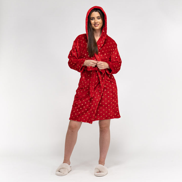 Women s Star Print Hooded Fleece Robe Dressing Gown Size S XL Red Gold Big Bertha Original UK