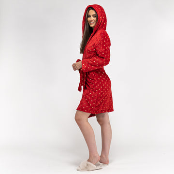 Women's Red and Gold Star Print Fleece Robe 04