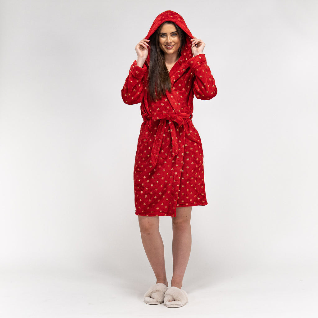 Women's Red and Gold Star Print Fleece Robe 05