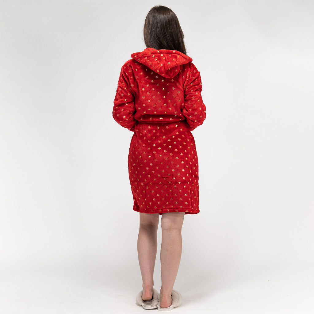 Women's Red and Gold Star Print Fleece Robe 06