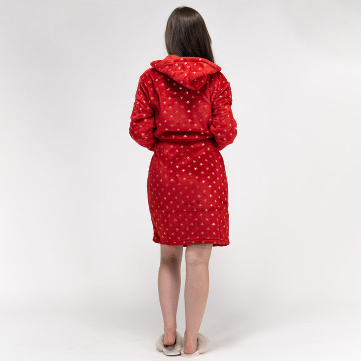 Women s Star Print Hooded Fleece Robe Dressing Gown Size S XL Red Gold Big Bertha Original UK