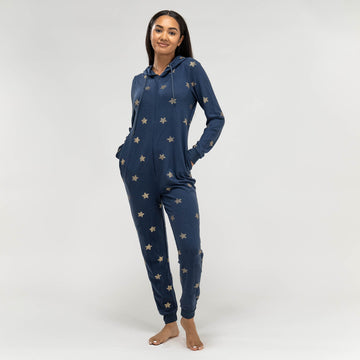 Women's Navy and Gold Star Printed Jersey Onesie 01