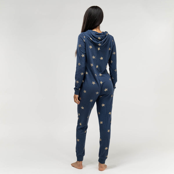 Women's Navy and Gold Star Printed Jersey Onesie Fabric Close-up Image