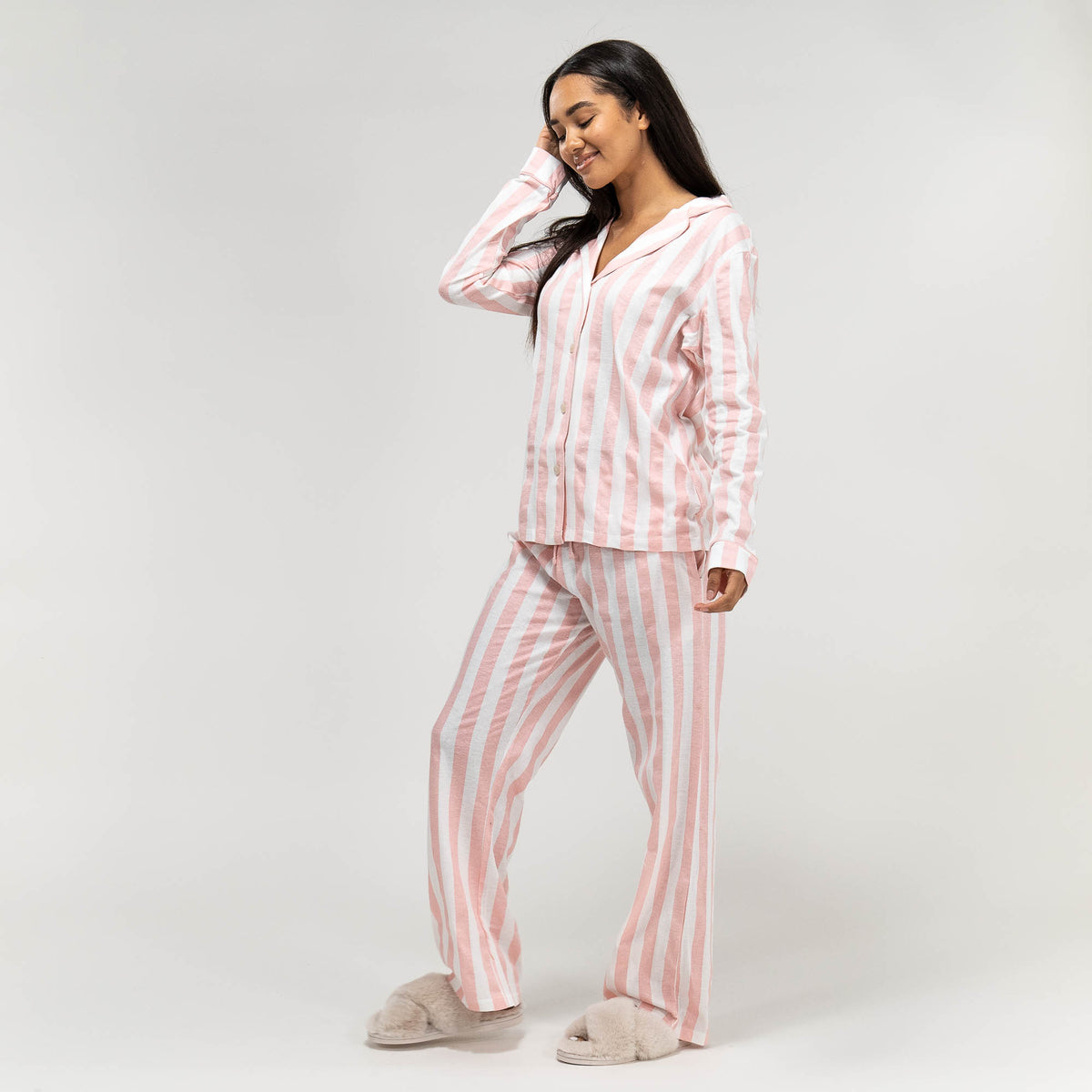 Women\'s Stripe Jersey Pyjamas Long Sleeve Trouser Set, Size: XS-L, Pink /  White– Big Bertha Original UK
