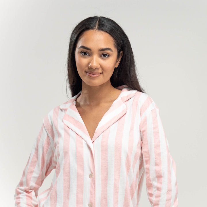 Women s Stripe Jersey Pyjamas Long Sleeve Trouser Set Size XS L Pink White Big Bertha Original UK