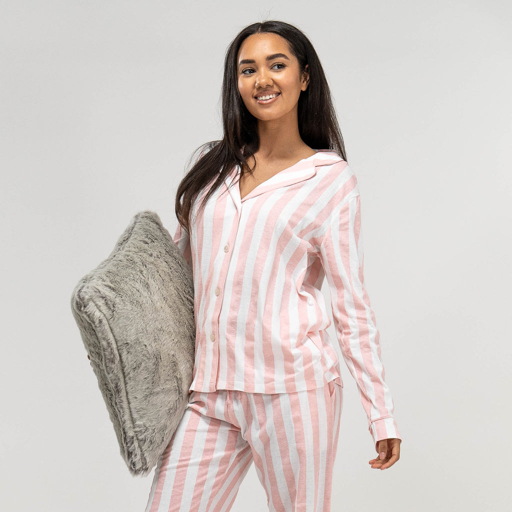 Women's Pink Stripe Jersey Pyjamas 05