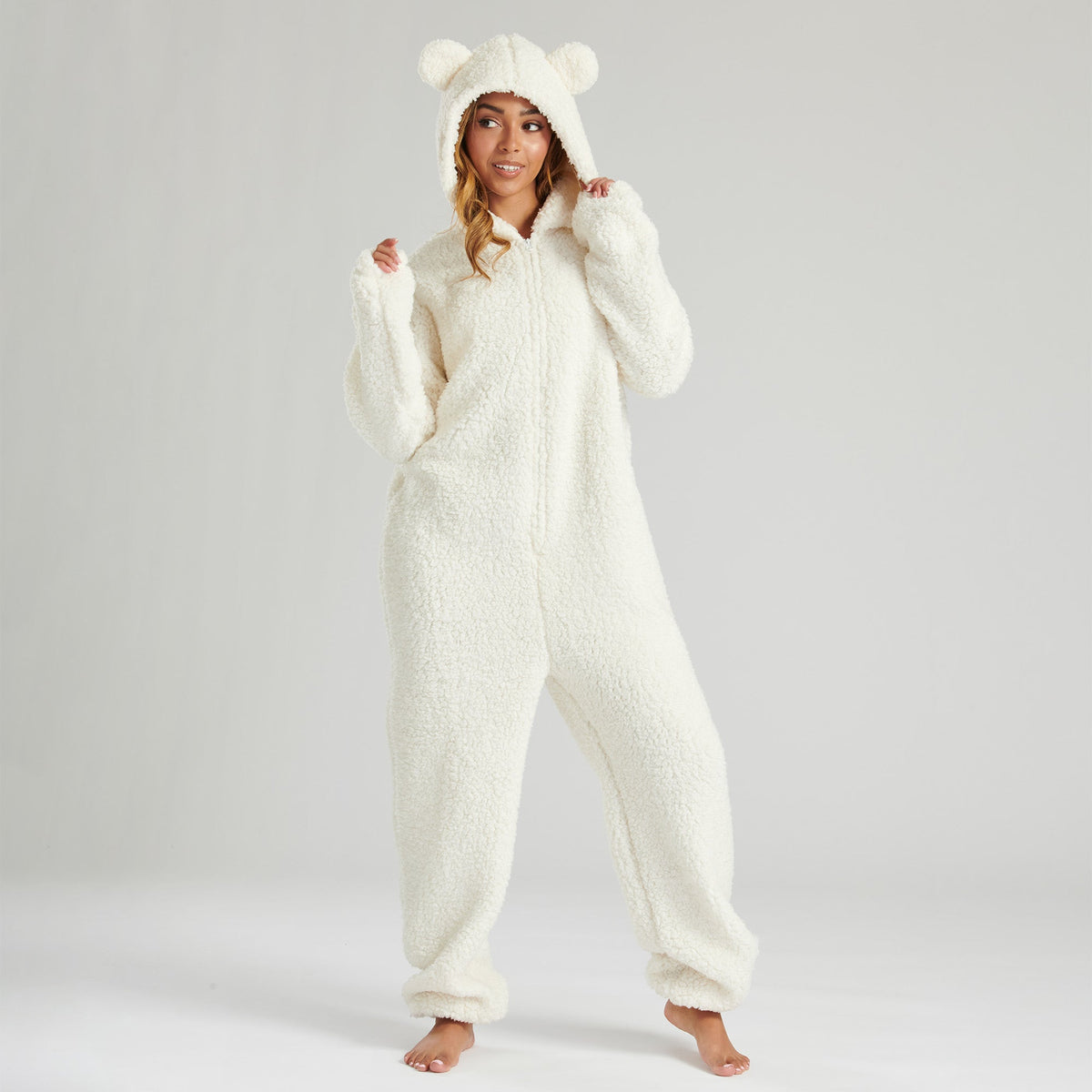 Women's Teddy Borg Hooded Fleece Onesie, Size: S-XL, Cream– Big Bertha  Original UK