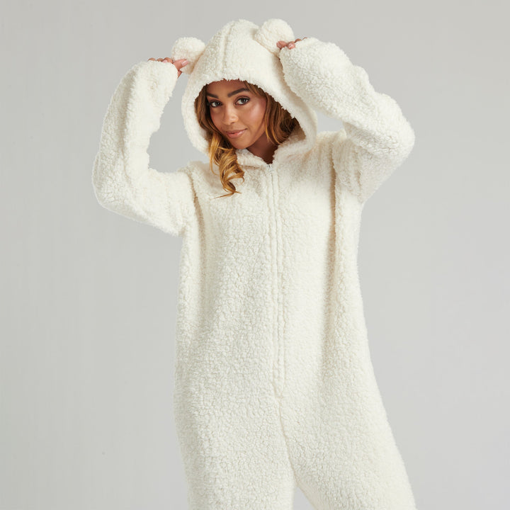 Women's Cream Teddy Borg Fleece Onesie 02