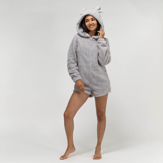 Women's Grey Teddy Ear Fleece Romper 05