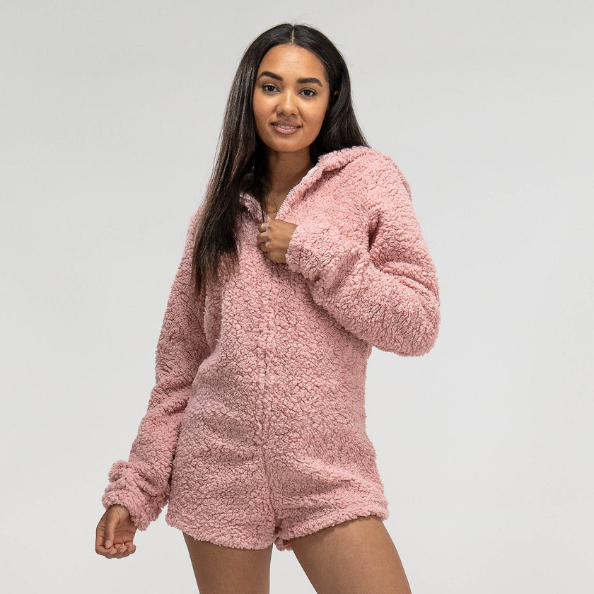 Women s Teddy Ear Long Sleeve Lounge Fleece Romper Size S XL